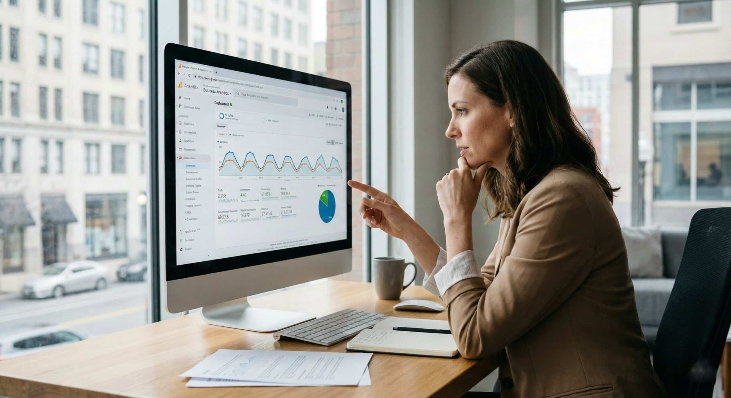 מנהל עסק בודק את נתוני האתר שלו